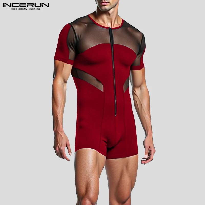 INCERUN American Style Fashion Rompers Men Mesh Splicing Jumpsuits Sexy Homewear Short Sleeved Zipper Flat Corner Neck Bodysuits men bodysuits,men jumpsuits