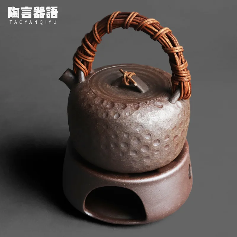 

Rock mine clay rattan ring handle teapot warm tea set candle bottom furnace retro pottery Zen tea table warm tea set