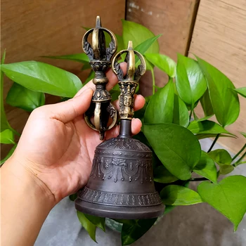 Campanelli tibetani neri da 9.5cm campanelli da meditazione buddisti in ottone Vintage campana a mano Nepal con ornamenti Dorje Vajra 1