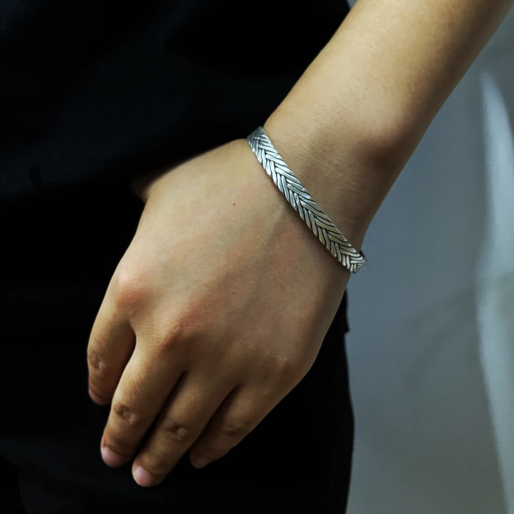 Genuine 999 Sterling Silver Braided Twist Open Bangle Cuff Links