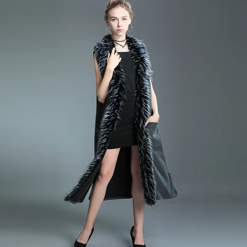 

Autumn Winter New Collar Cape Long Sleeveless Knitting Cardigan Imitation Raccoon Fur Warm Poncho Lady Capes Navy Cloaks