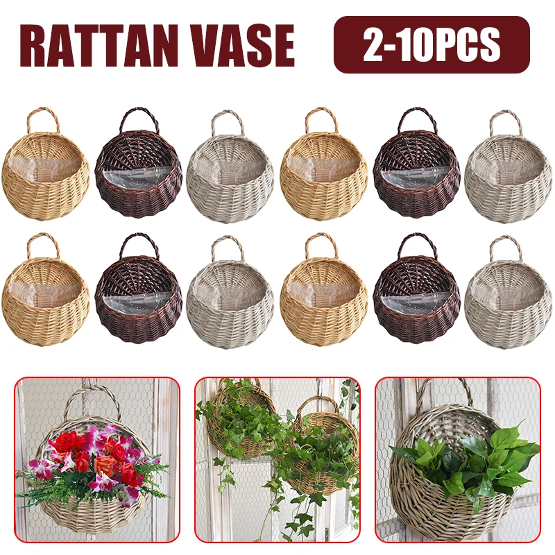 Flower pot plant hanger wicker planter 2/4/8/10pcs wall hanging handmade wicker rattan flower basket green vine pot planter hanging vase wall plant basket garden