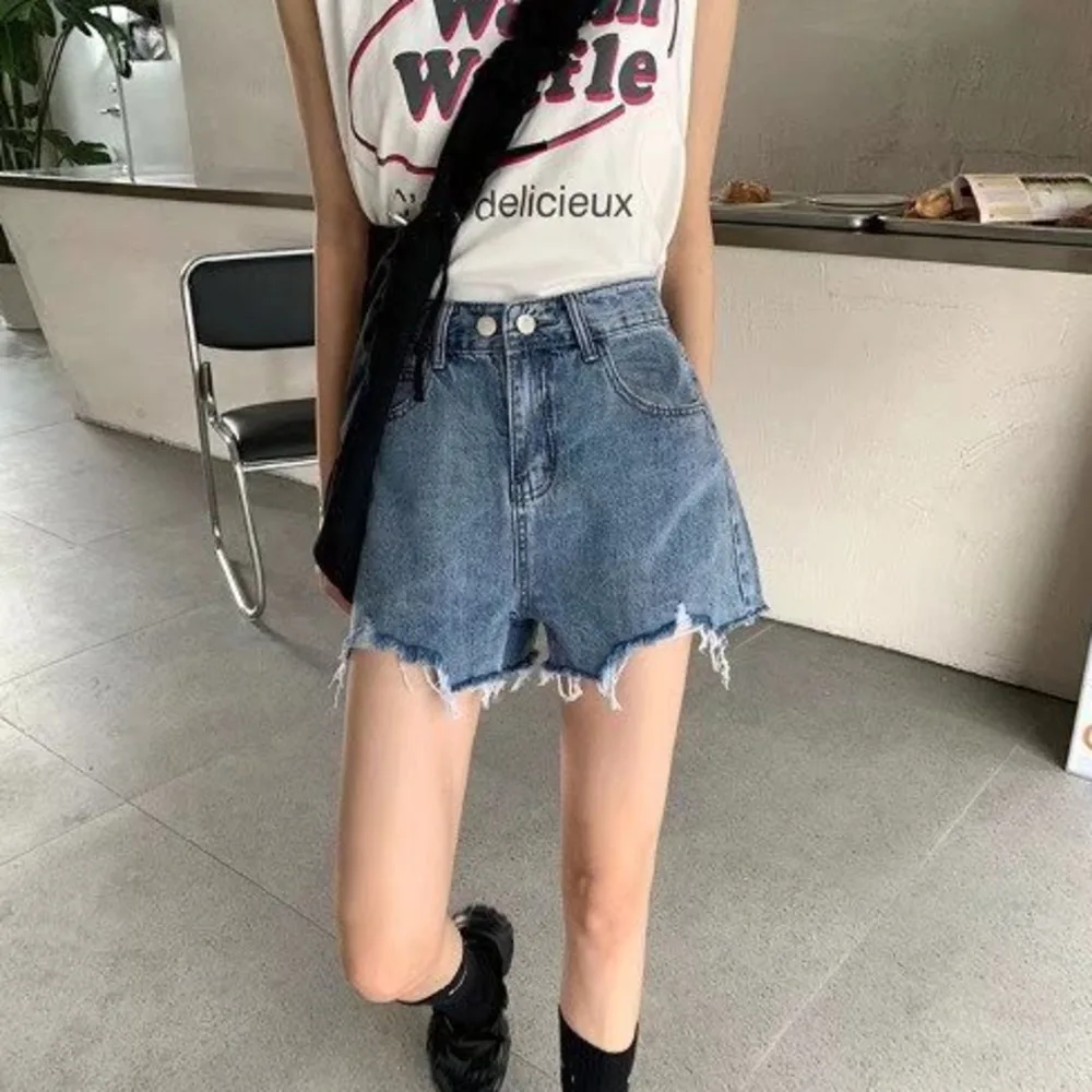 Feynzo Casual Blue Denim Shorts Women Sexy High Waist Buttons Pockets Slim Fit Shorts 2022 Summer Beach Streetwear Jeans Shorts feynzz casual blue denim shorts women sexy high waist buttons pockets slim fit shorts 2022 summer beach streetwear jeans shorts