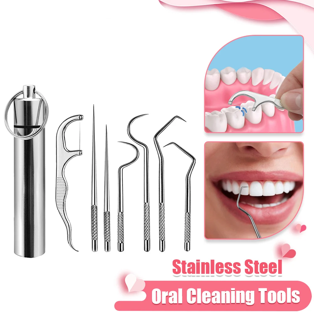 Toothpick Brush Stainless Steel Toothpick Set Reusable Tooth Flossing Tartar Removal Tool Portable Teeth Cleaner