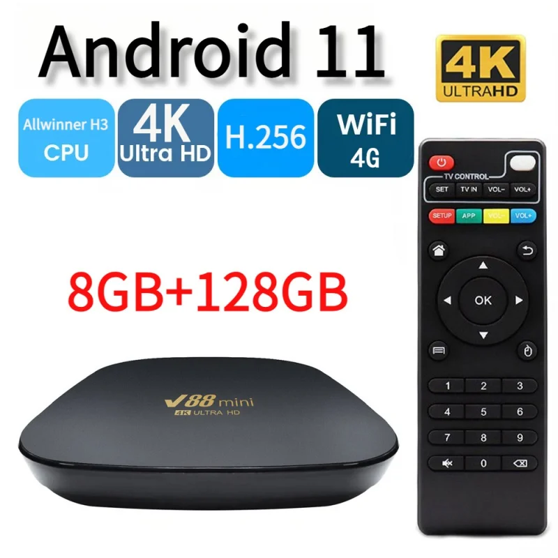 V88Mini TV Box Android 11 2023 Allwinner H3 Quad Core Cortex-A53 4G WiFi 4K HD 3D HDR10 H. 265 8GB 128GB Smart tv Iptv