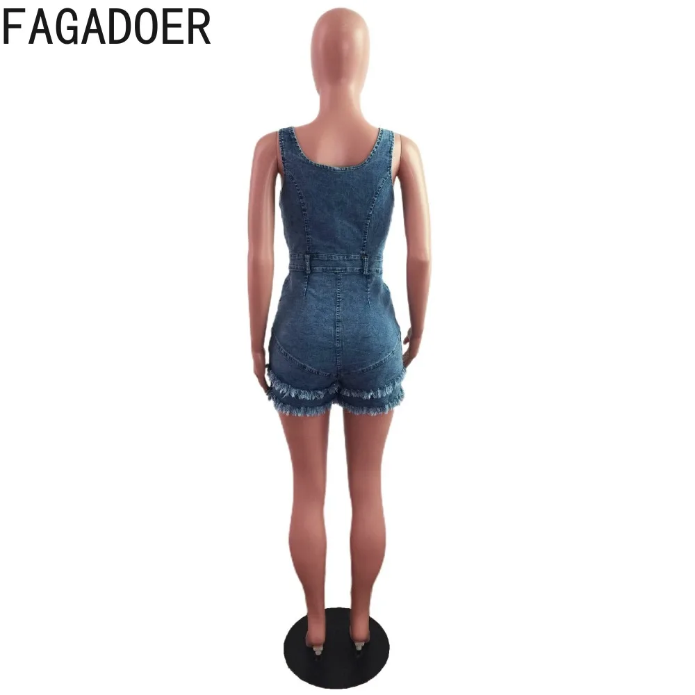 FAGADOER Fashion V Neck Button Denim Rompers Women Strap Sleeveless Bodycon Jumpsuits Blue Casual Tassels Shorts Cowboy Overalls