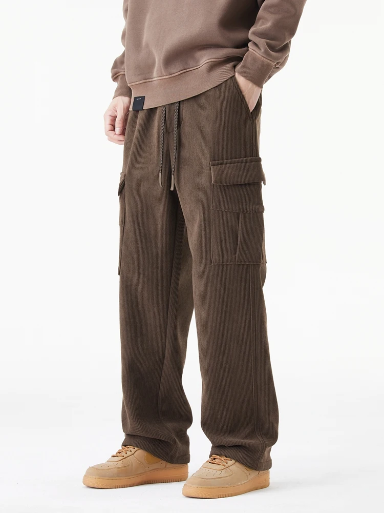 Men Fleece Sweatpants Multi-Pockets Knit Cargo Pants Thicken Warm Casual Loose Straight Trousers