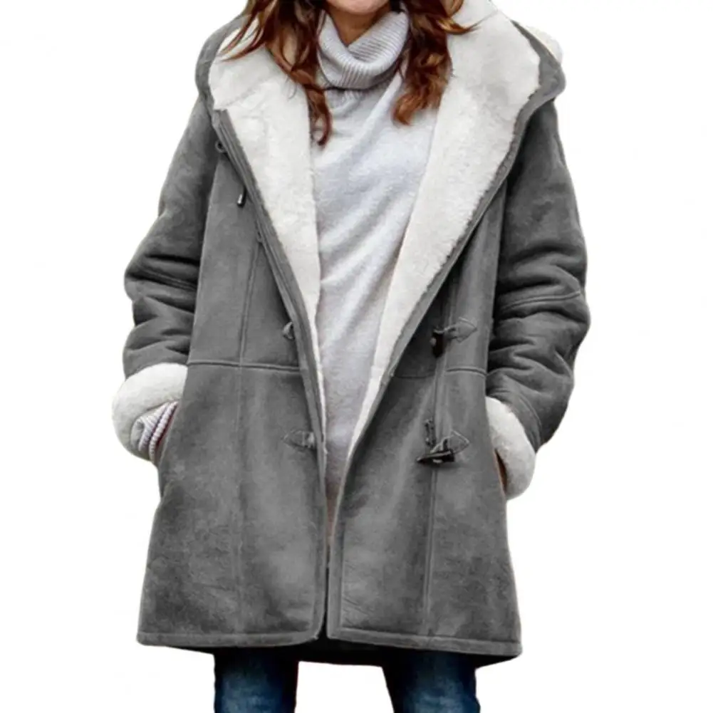 

Women Fall Winter Coat Hooded Soft Plush Long Sleeve Thick Mid Length Windproof Cold Resistant Buttons Loose Pockets Lady Jacket