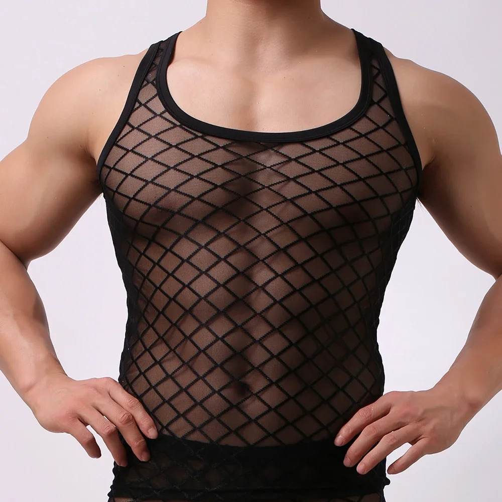 

Men Summer Sexy Transparent See-through Sexy Vest Sleeveless Shirts Gym Sports Tanks Tops Man Solid Color See Through Undershirt