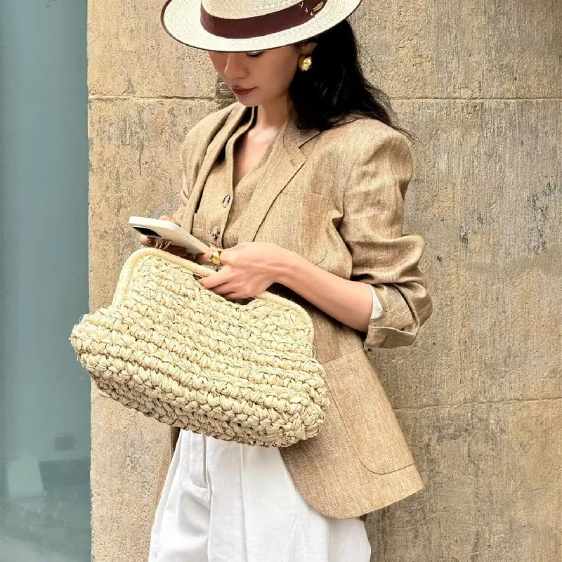 Straw Purse For Women Cloud Dumpling Pouch Straw Crossbody Shoulder Handbag Summer Beach Woven Bag