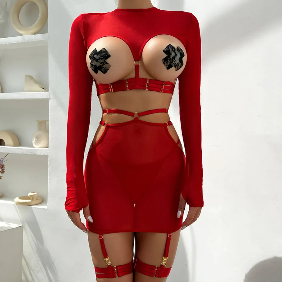 JSY Sexy Lingerie For Women's Thermal Underwear Red Bondage Tops And Skirt Hollow Out Backless Erotic Lingerie Porno Costumes