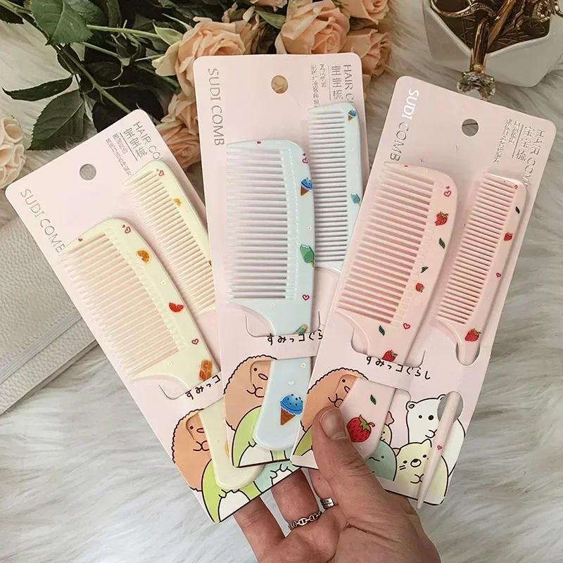 2pcs/set Cute Cartoon Kid Baby Hairbrush Comb Anti-static Pointed Tail Hairdressing Comb for Girls Strawberry Fruit Hair Brushes