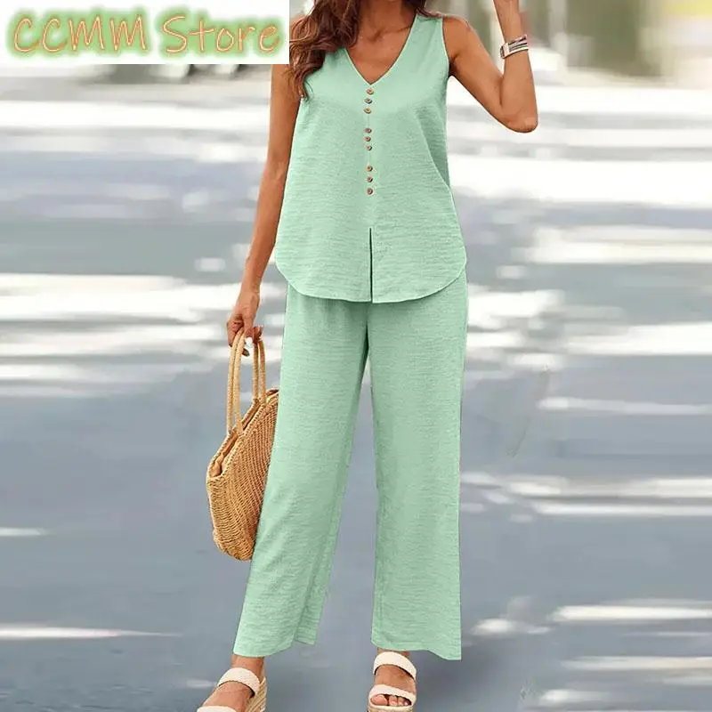 New Fashion Sleeveless Tank Top Button Wide Leg Pant Suits Lady V Neck Office Outfits Summer Female Streetwear Two Piece Sets
