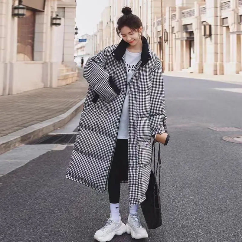 Thickening Parka Women Winter Long Over-the-knee Cotton Stand Collar Jacket Female Loose Pockets Winter Houndstooth Jacket  S77