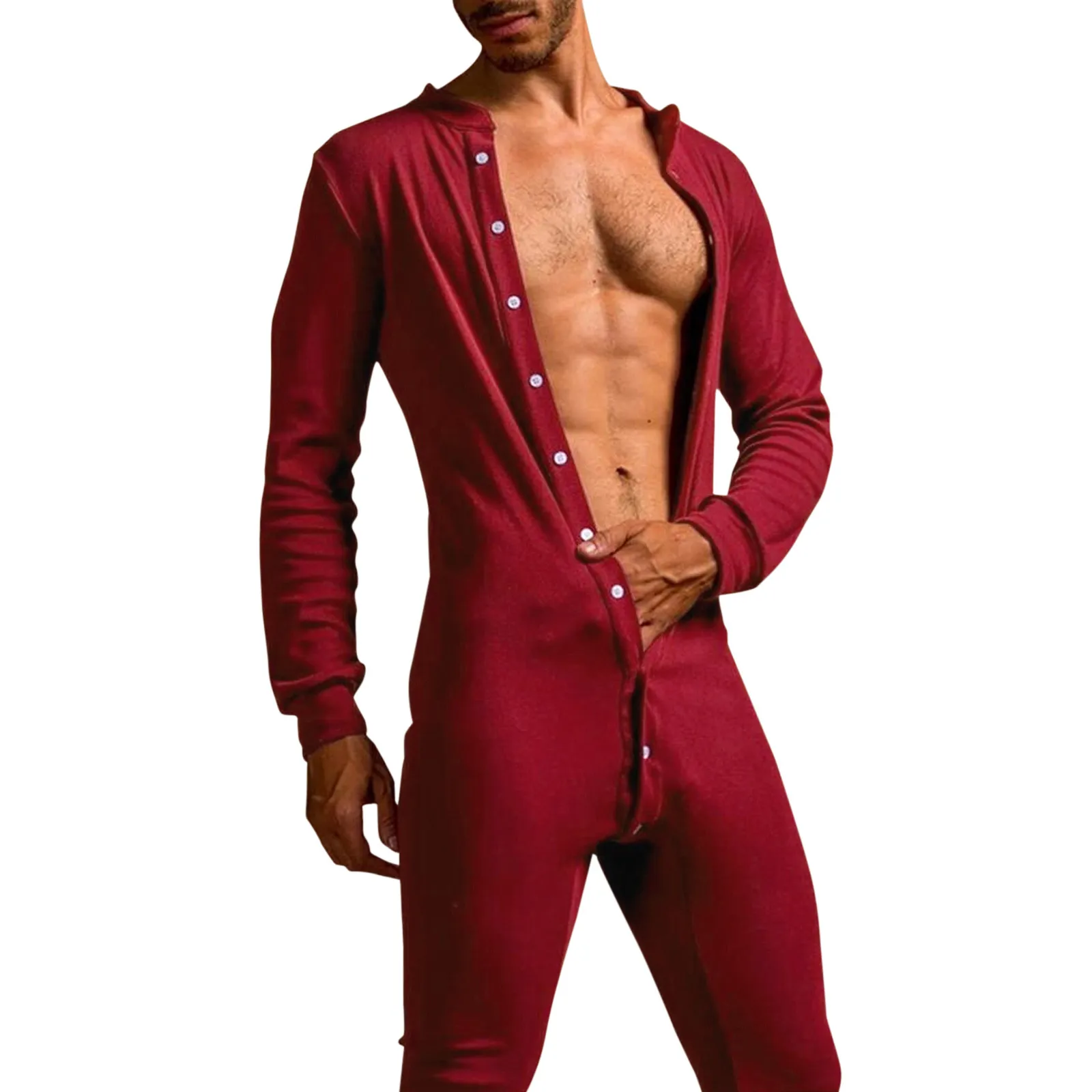 Mens Onesie Pijama Bodysuit Front Open Button Functional Buttoned Sexy Adults Jumpsuit Adult Long Sleeve Warm Home Wear Male