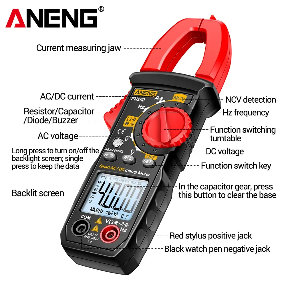 ANENG PN200 Digital Clamp Meter DC/AC 600A Current 4000 Counts ...