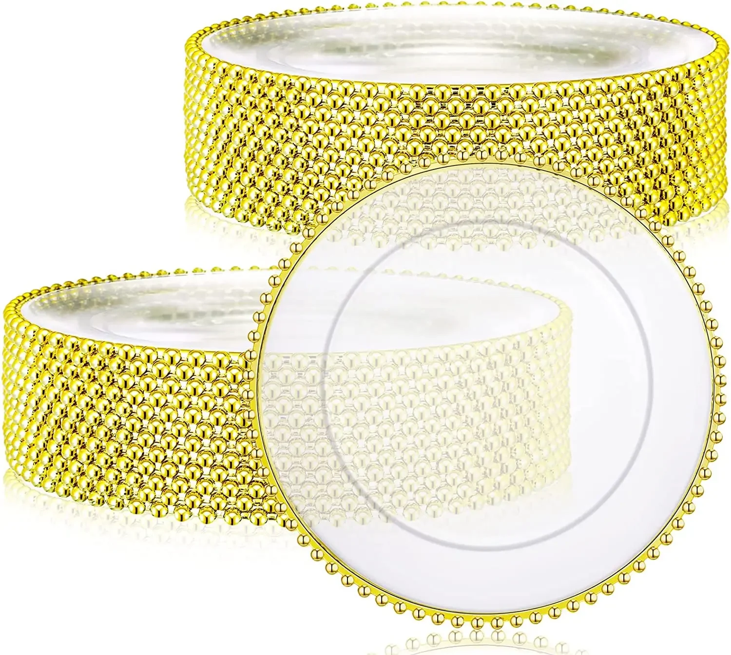 

100pcs/200PCS Premium Clear Plastic Charger Plates with Gold Beads Rim, Decorative Service Plate for Party, Wedding and Events