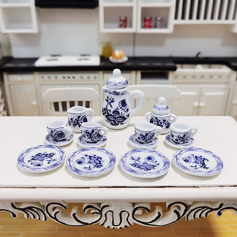 

1Set 1:12 Dollhouse Miniature Porcelain Ceramic Tea Cup Set Mini Tableware Teapot Tea Cups Model Dollhouse Kitchen Scene Decor