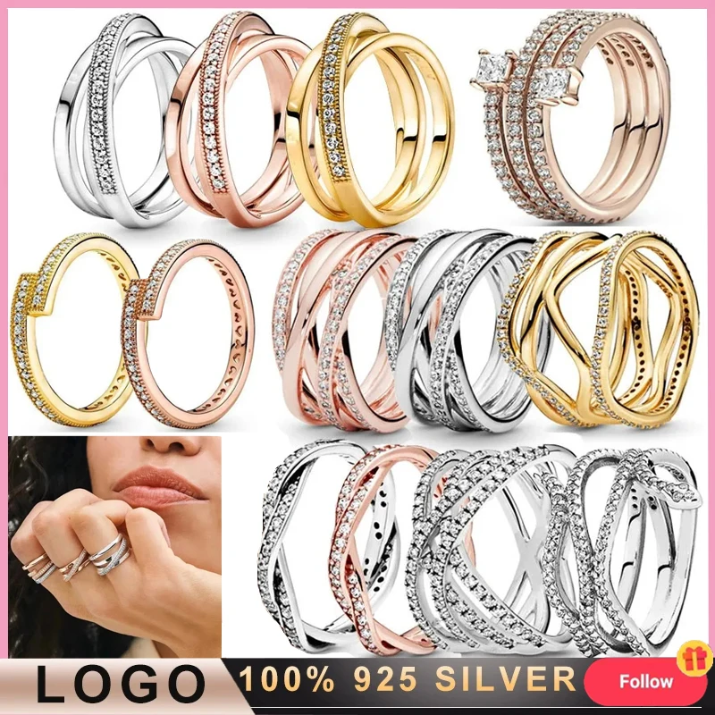 2023 New Original Logo 100% 925 Silver Popular Women's Pav é Dense Set Interwoven Three Ring Ring DIY Charming Jewelry Gift