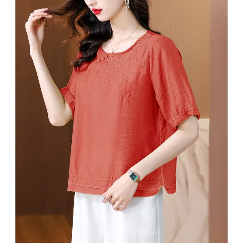 

New Women's Summer Vintage Crew Neck Spliced Versatile Fashion Loose Casual Short Sleeve Cotton and Linen Embroidery Tops