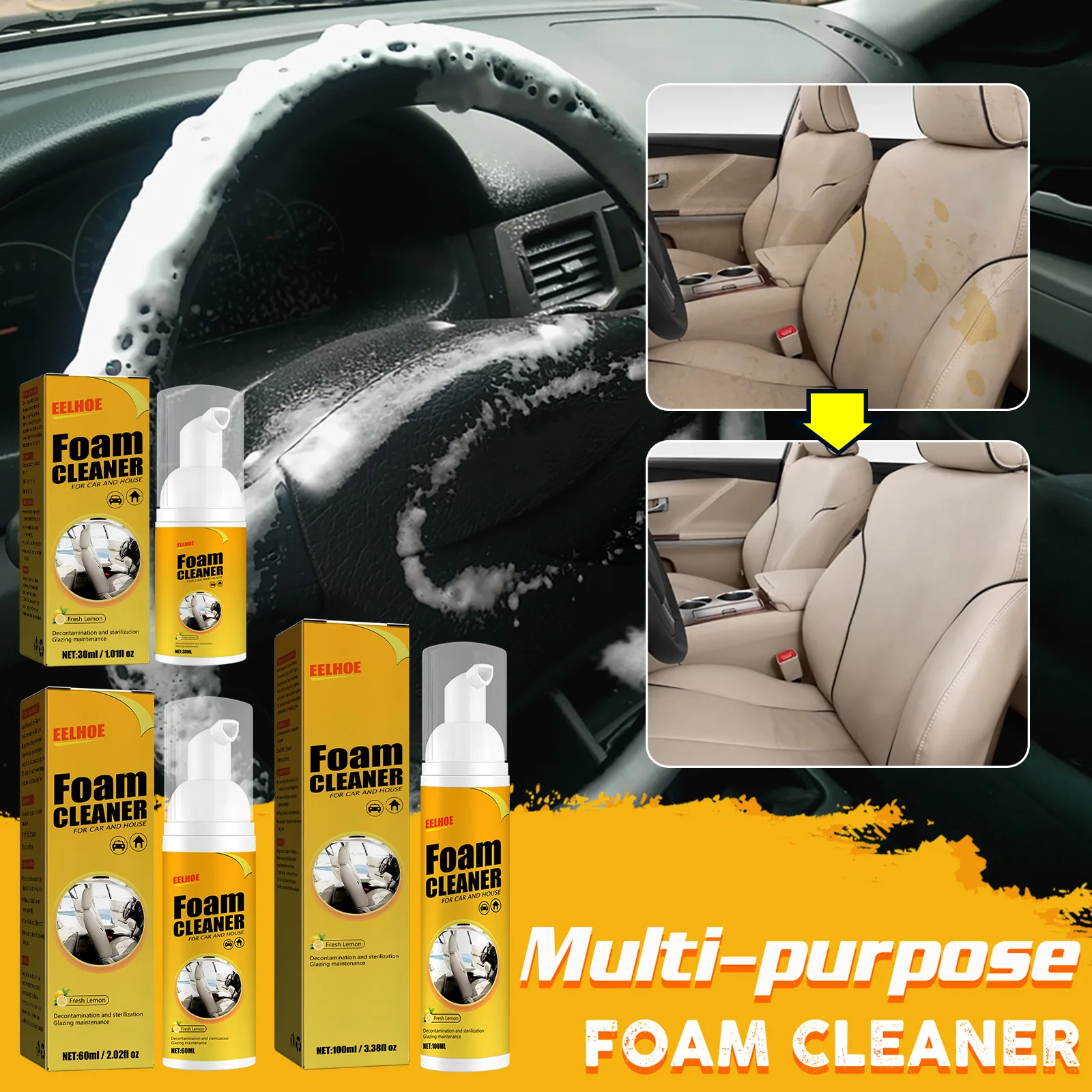 

30/100/150/250ml Car Interior Leather Clean Multifunctional Foam Cleaner Car Interior Strong Decontamination Ceiling Seat Clean