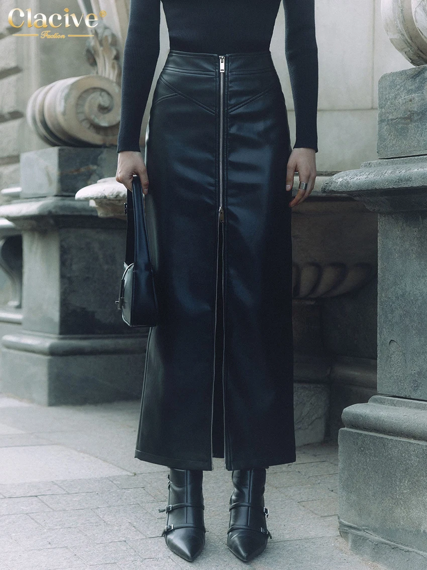 

Модные черные юбки из искусственной кожи BabYoung для женщин 2023 элегантная офисная длинная винтажная юбка с высокой талией и разрезом на молнии
