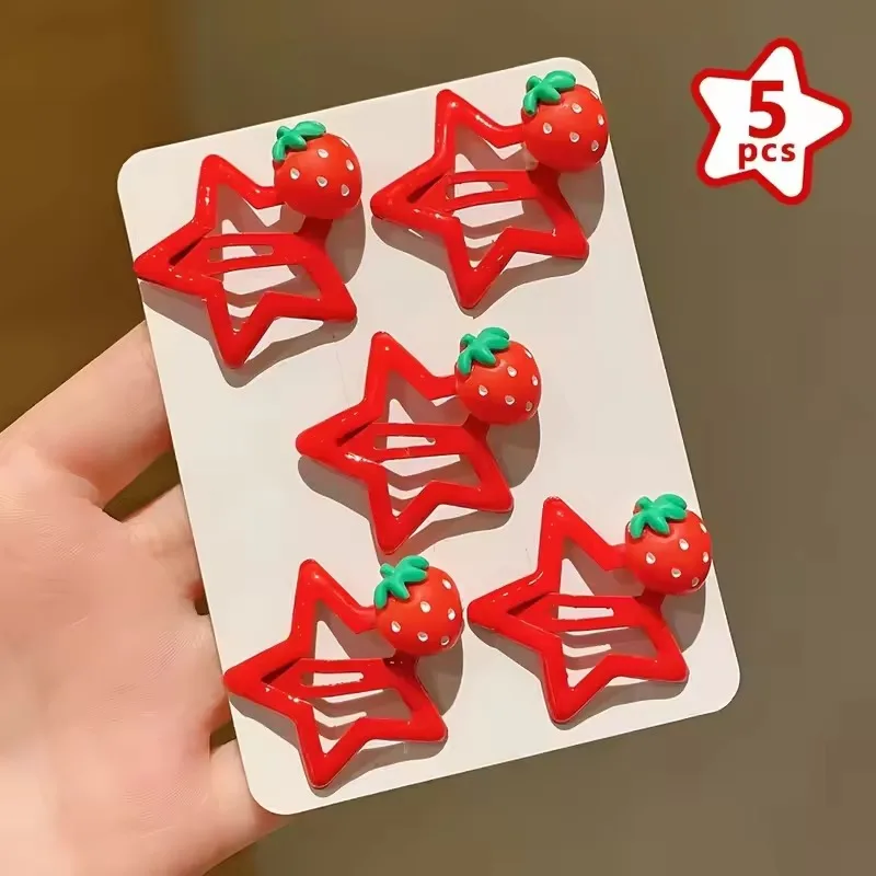 5PCS Kawaii Red Star Hair Clips Girls' Strawberry BB Clips Suitable for Daily Use Kids Baby Hair Accessories