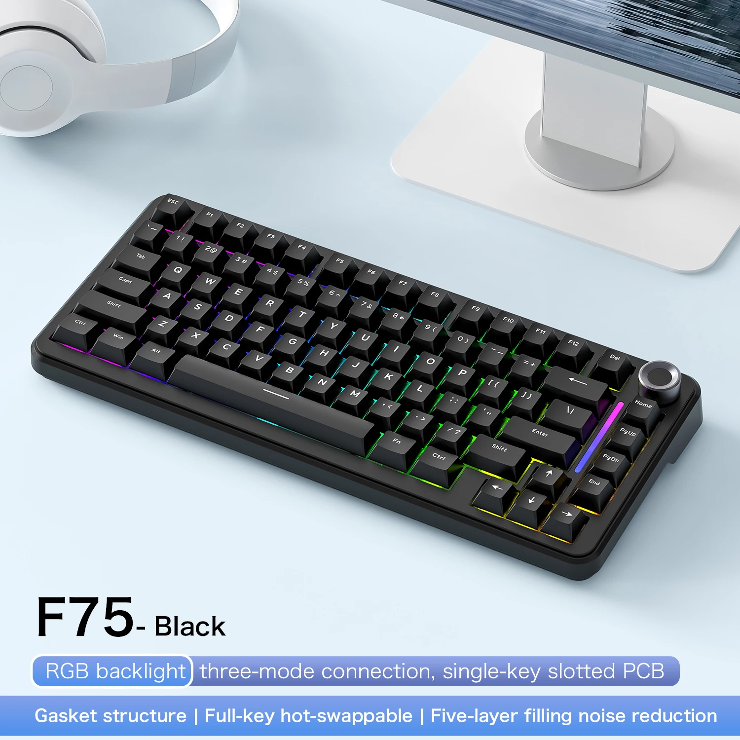 75% teclado para jogos de troca quente sem fio FREEWOL F75 RGB teclado mecânico com botões de metal AULA F75 mesmo modelo, tri-mode, 4000 mAh