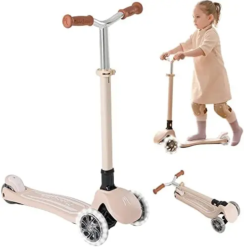 

Foldable Kids 3 Wheels Scooter(Pink/Beige/White) with LED Light-Flashing Wheels Adjustable Handlebar Height for Boys Girls Patin