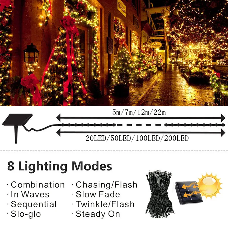 Solar-Powered Outdoor LED Fairy Lights – 8-Mode Waterproof Decorative Lighting