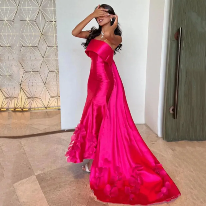 Aleeshuo Rosy Mermaid Prom Dress Taffeta Evening Dress Appliques Strapless Sleeveless Saudi Arabia Formal Ball Gown فستان سهرة