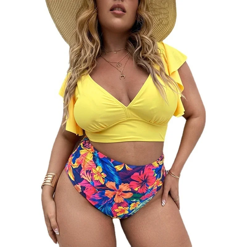 2023 New Large Split Swimsuit With Deep V Flash Cuffs And High Waist Digital Print Swimsuit Swimwear Plus Size 4XL