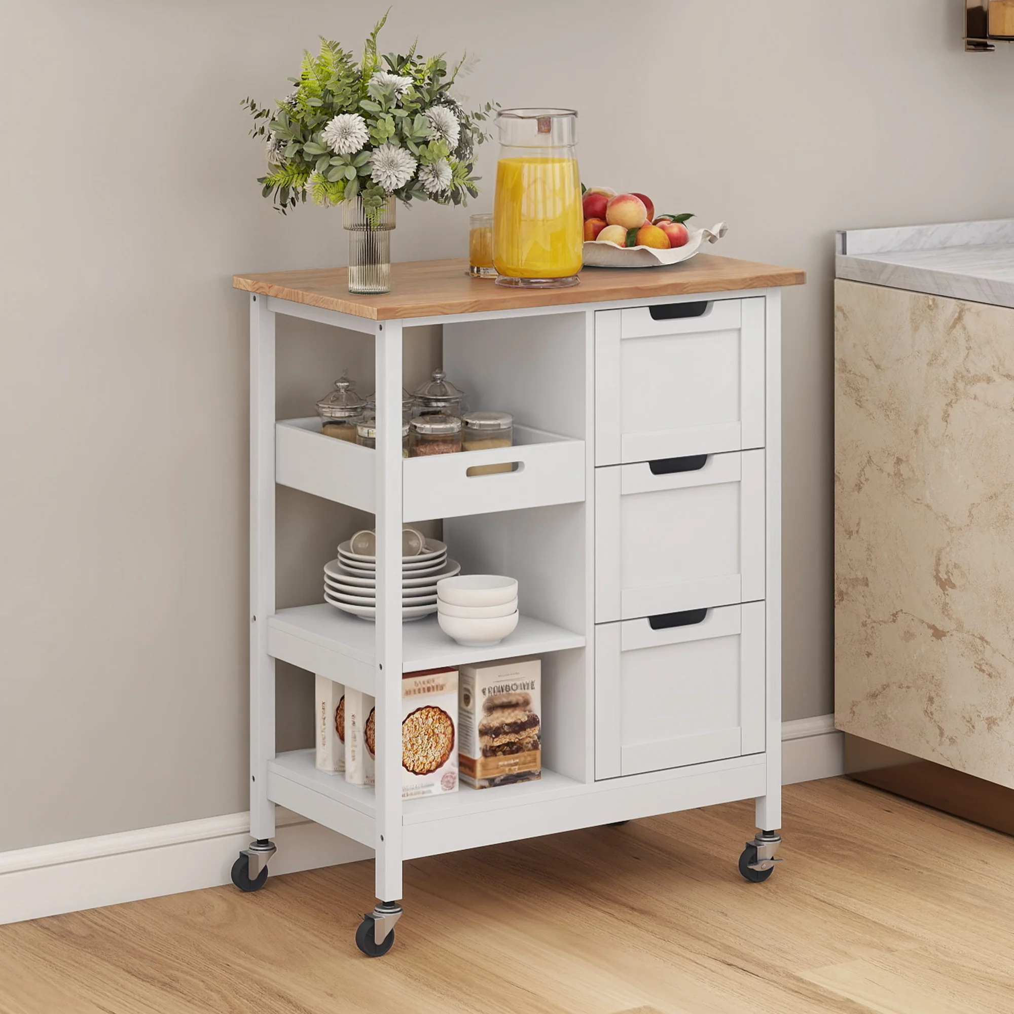 Home Rolling Kitchen Trolley Cart 33'' Tall Wood Storage Drawers Stand Shelves