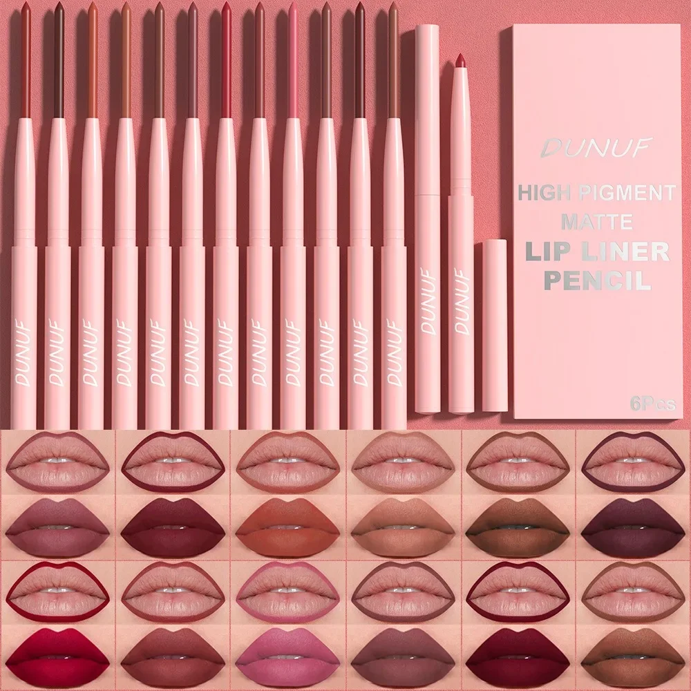 6PC Velvet Matte Lipstick Pen Nude Brown Lip Liner Pencil Kit Smooth Rose Red Pigment Waterproof Long Lasting Dye Cheek Lip Tint 5