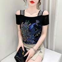 Streetwear Sexy Off-Shoulder Summer T-shirt for Women High Quality Luxury Shiny Diamond Tees Slim Fit Girl Top European Clothing - Image 3
