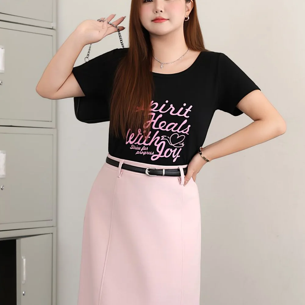 Cool And Contrasting Color Letter Printed T-shirt Plus Size Women Premium Casual short-sleeved Tops 9238