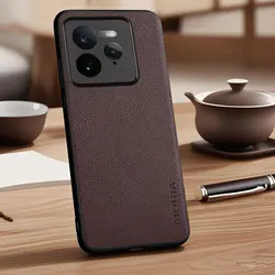 Minimalist Faux Pebbled Leather Phone Case Cover for Realme GT 7T (Coffee)
