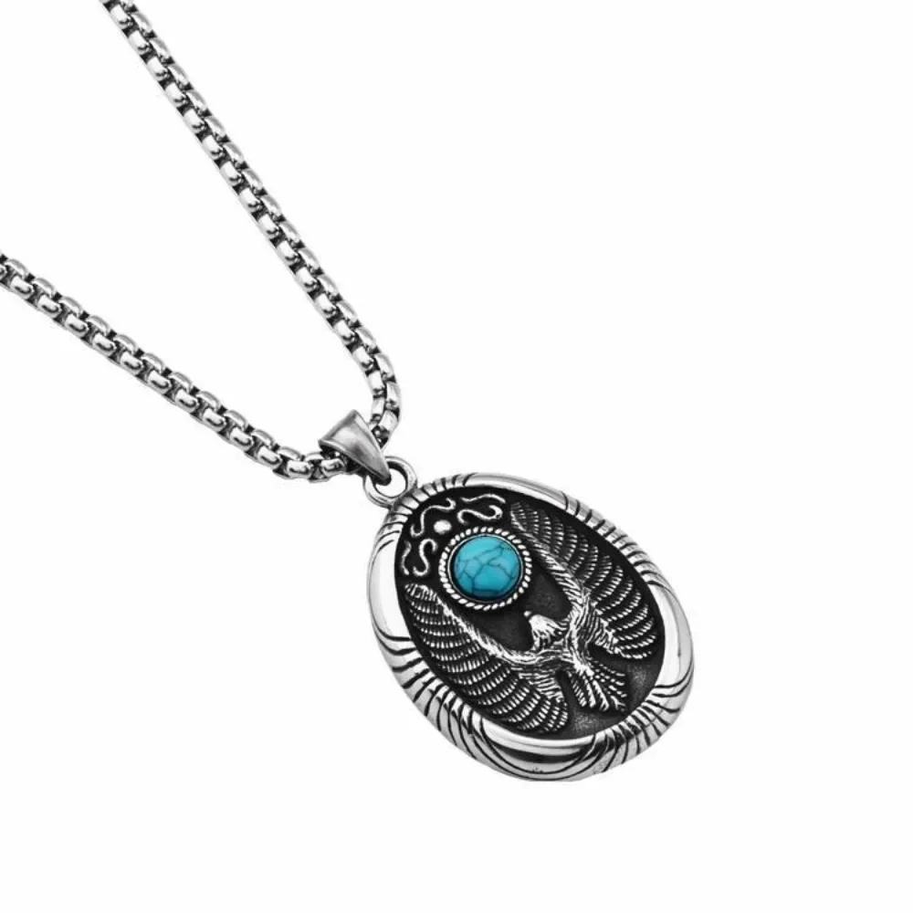 

European and American Fashion Green Pine Eagle Wings Spreading Disk Hip Hop Retro Turquoise Hanging Tag Pendant Necklace