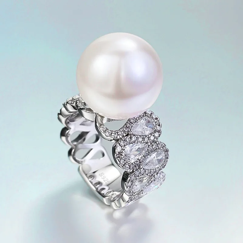 

Rich Lady's Happy Designer 14mm Pearl Ring with Luxury Inlaid Ring Live Selling Hot Selling, Small and Fashionable Versatile