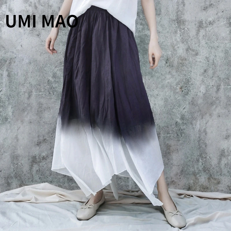 

UMI MAO Chinese Style Design Gradient Irregular Hanging Dyed Cotton Linen Temperament All-match Double Large Swing Fairy Skirt