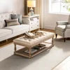 Coffee Table with Tray, Tufted Ottoman with Solid Wood Storage Shelf, Upholstered Large Footrest Ottoman, Living Room Table 1