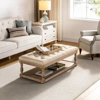 Coffee Table with Tray, Tufted Ottoman with Solid Wood Storage Shelf, Upholstered Large Footrest Ottoman, Living Room Table 1
