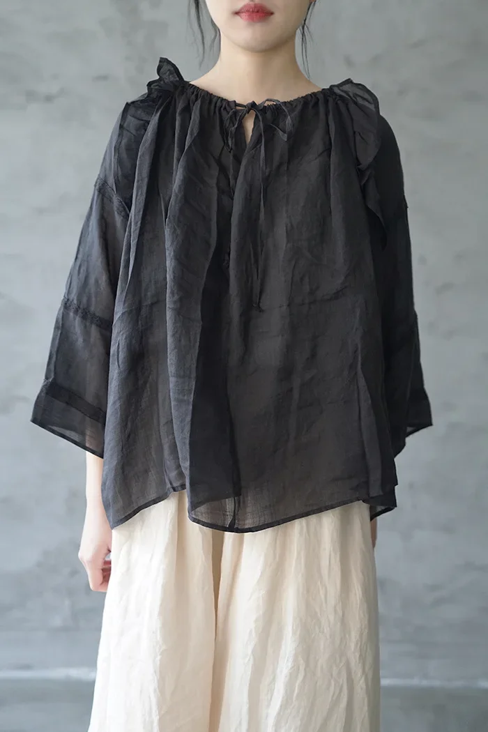 Spring and Summer Thin Transparent Fine Ramie Loose Oversized Shirt Retro Idyllic Two-Way Wear Sun Protection Top