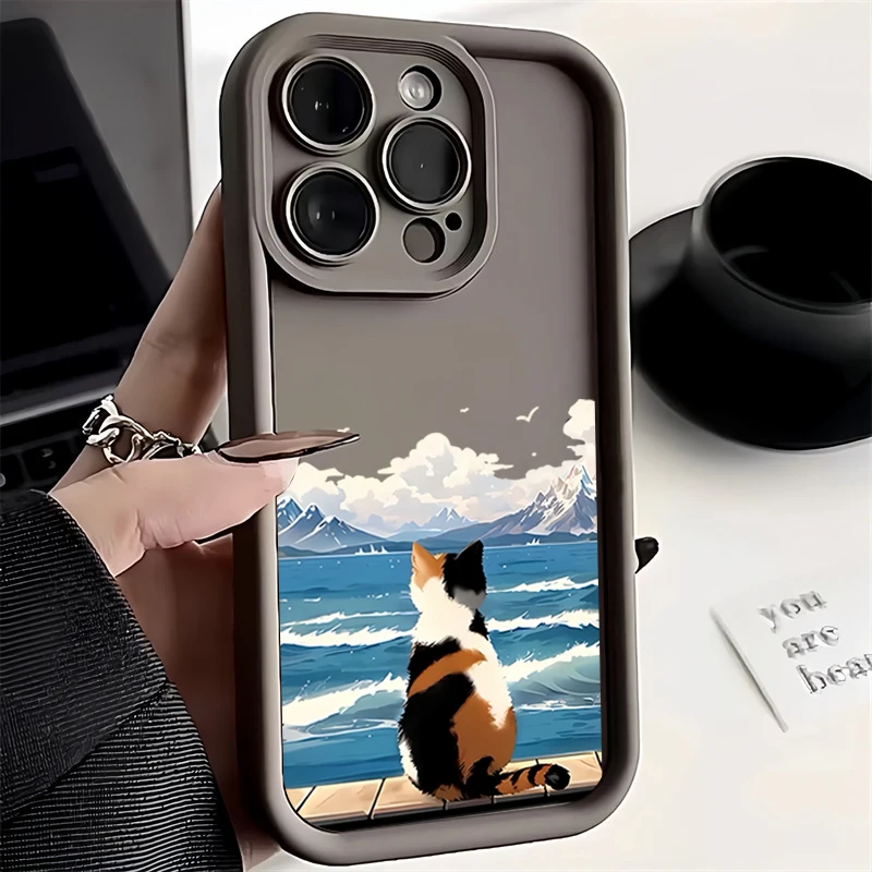 Adorable Cat by the Sea Silicone Phone Case Cover