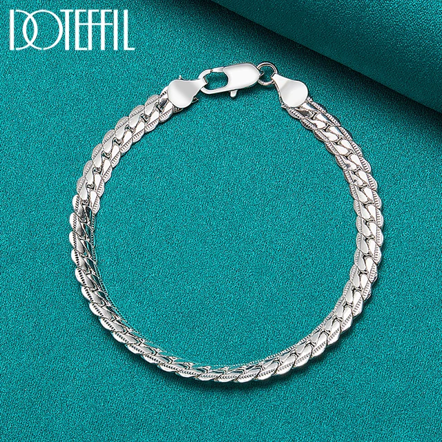 DOTEFFIL 925 Sterling Silver Bracelet 6mm 18/19/20cm Flat Side Chain Lobster Clasp For Woman Man Wedding Engagement Jewelry 2
