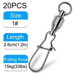 20PCS Premium Ball Bearing Fishing Swivel Kit with Snap Pin and Rotating Ring (Size1 20PCS)