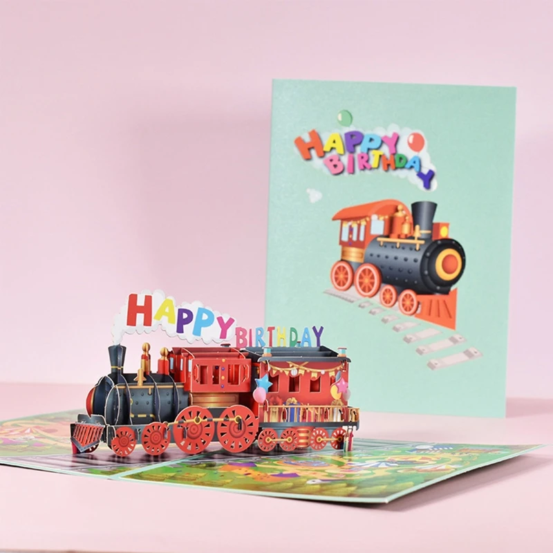 3D Pop Up Card Birthday Train Greeting Card Envelope Handmade Birthday