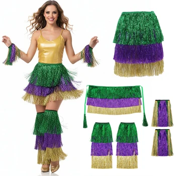 Gonna con Frange per Carnevale, Abito da Samba Brasiliano, Gonna Viola, Oro e Verde per Danza del Ventre, Costume per Feste e Festival