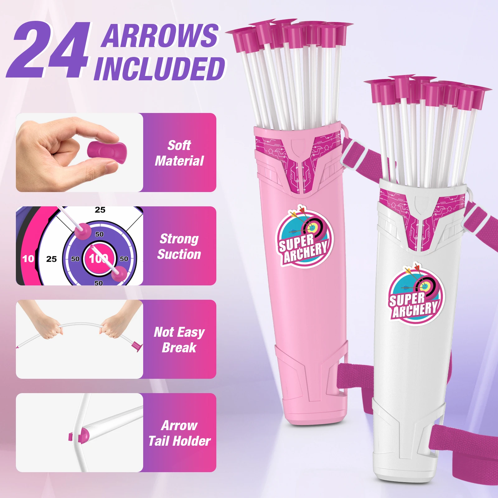 2 Pack Archery Set - Includes 2 Bows, 24 Suction Cup Arrows & 2 Quivers & Standing Target, Outdoor Light Up Toys for Boys Girls 3