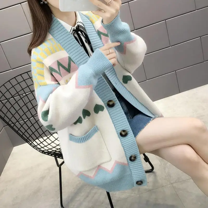 2023 새로운 한국어 봄, 가을 니트 카디건 여성의 느슨한 Slouchy 대형 스웨터 우아한 여성 탑 코트